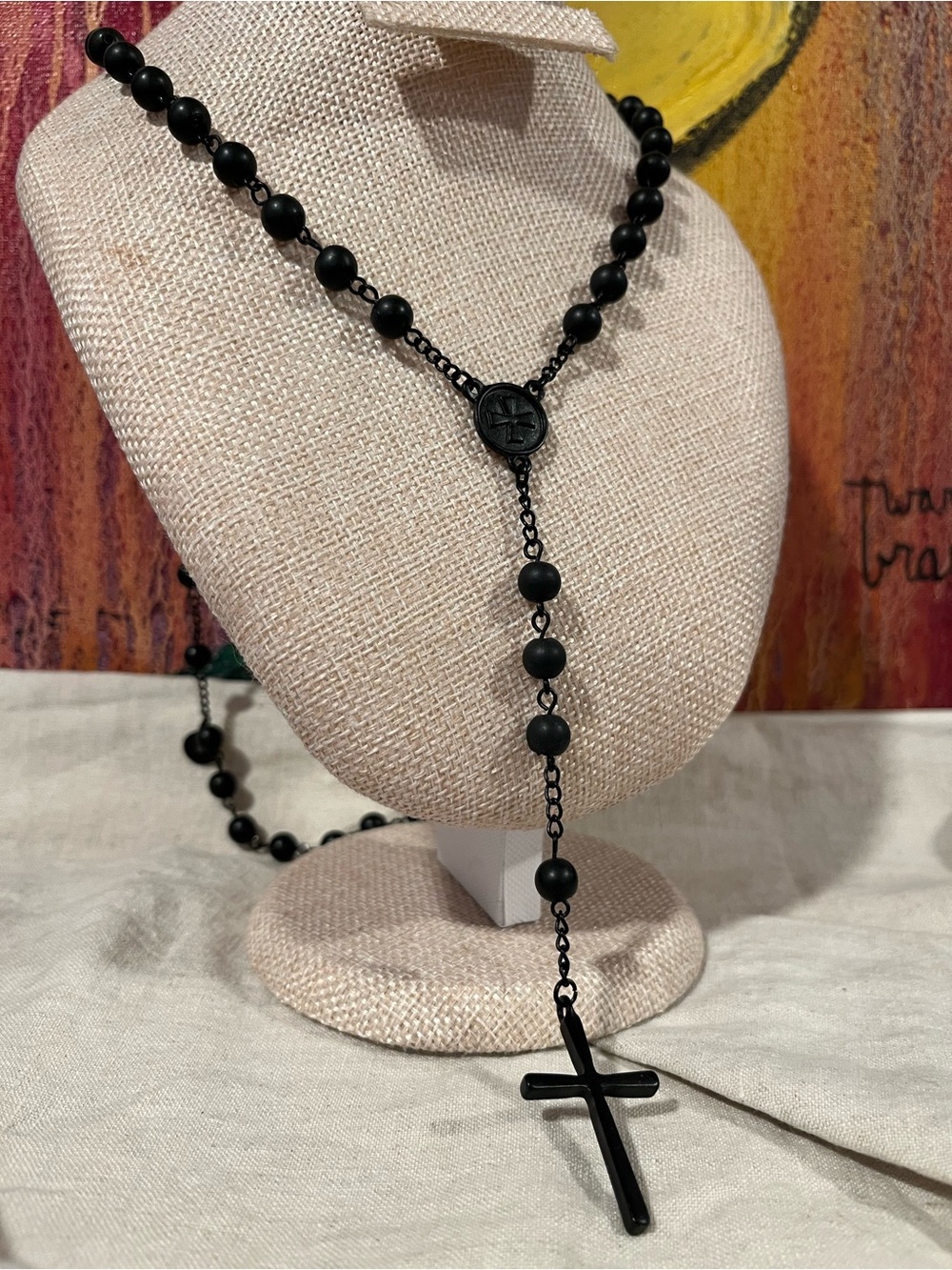 Rosary-style Black Beaded Cross Necklace